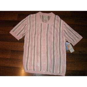 Massive Luxury Knit Crochet Polo Shirt Striped Open‎ Stitch Pink White Mens